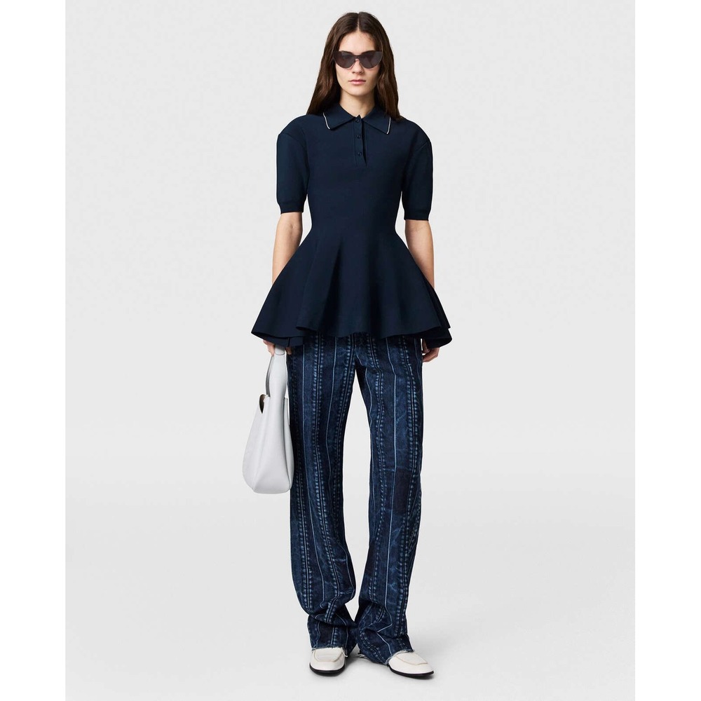 Stella McCartney Women's Compact Knit Peplum Polo Top Navy M Quiet Luxury Preppy